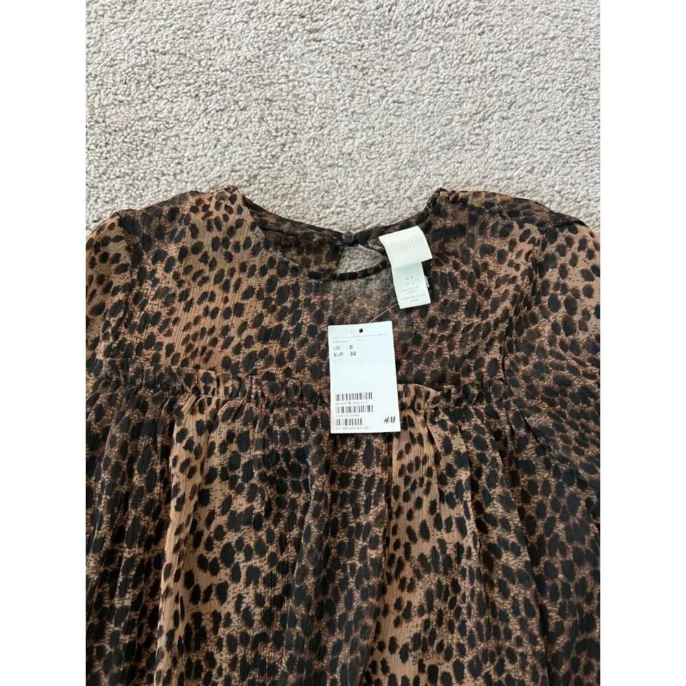 H&M Womens Brown Animal Print Long Sleeve Chiffon Dress Ruffled Size 0‎ NWT